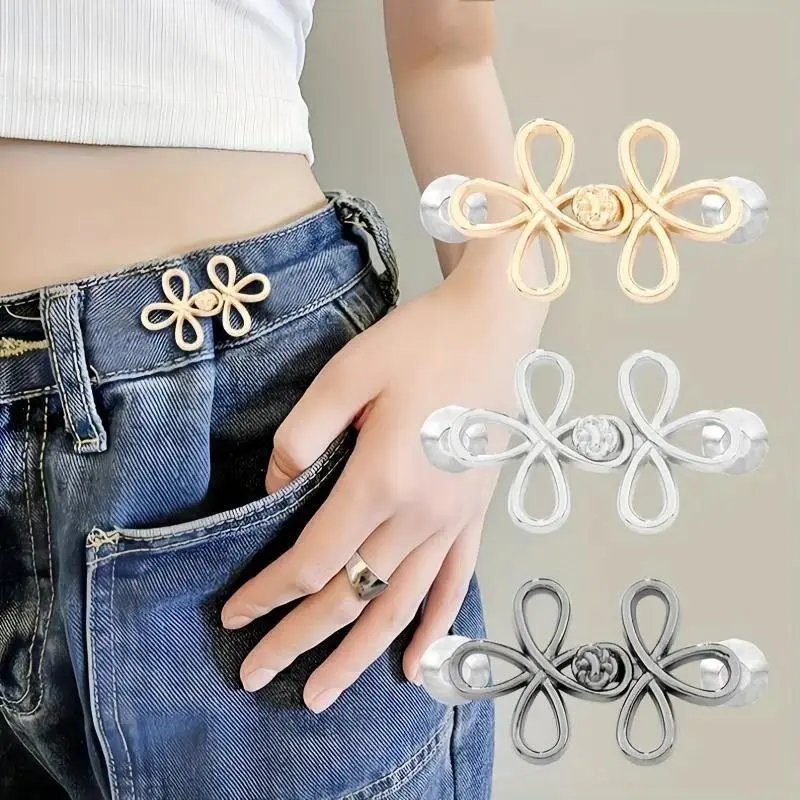 4PCS Lucky Knot Waist Buttons, No-Sew Adjustable Waist Tightener Pins for Jeans & Pants, Detachable Metal Clothing Adjusters, Fashion Fit Fix Accessories for Women & Men Daily Wear