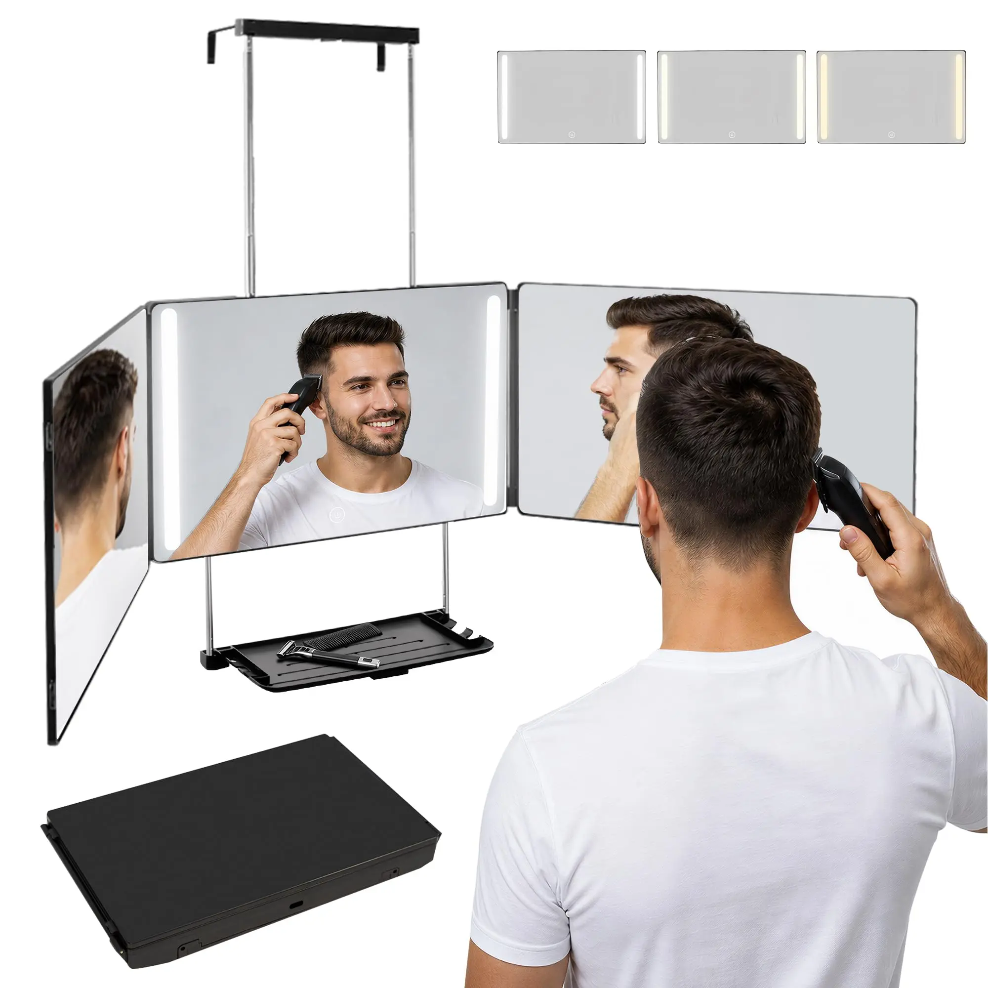 360 Degree LED Mirror, 1 Box 3 Way Trifold Mirror for Hair Cutting, Height Adjustable Telescoping Hook, Hair Cutting Mirror for Men Women