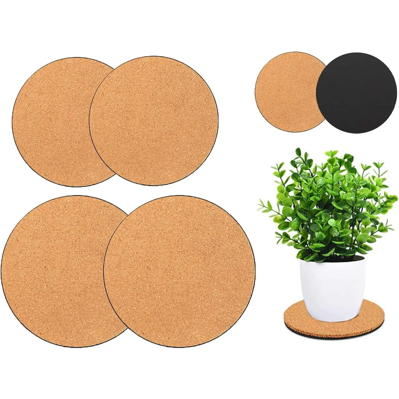 4 count 2 Sizes Cork  Coasters, 4/6 Inch Cork  Mats, Cork Coaster for Planters,  Coasters for House  Indoors (Nude & Black)