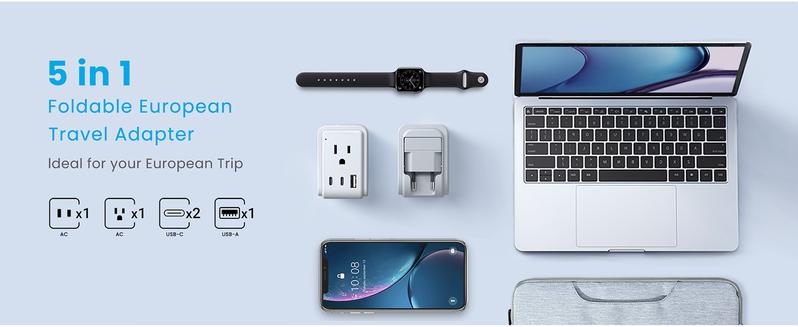 SQ-APT014 2 Pack European Travel Plug Adapter, Foldable International Power Adapter with 2 AC Outlets 3 USB Charging Ports(2 USB C), Type C Power Adaptor to Most Europe Italy Spain France Iceland Germany