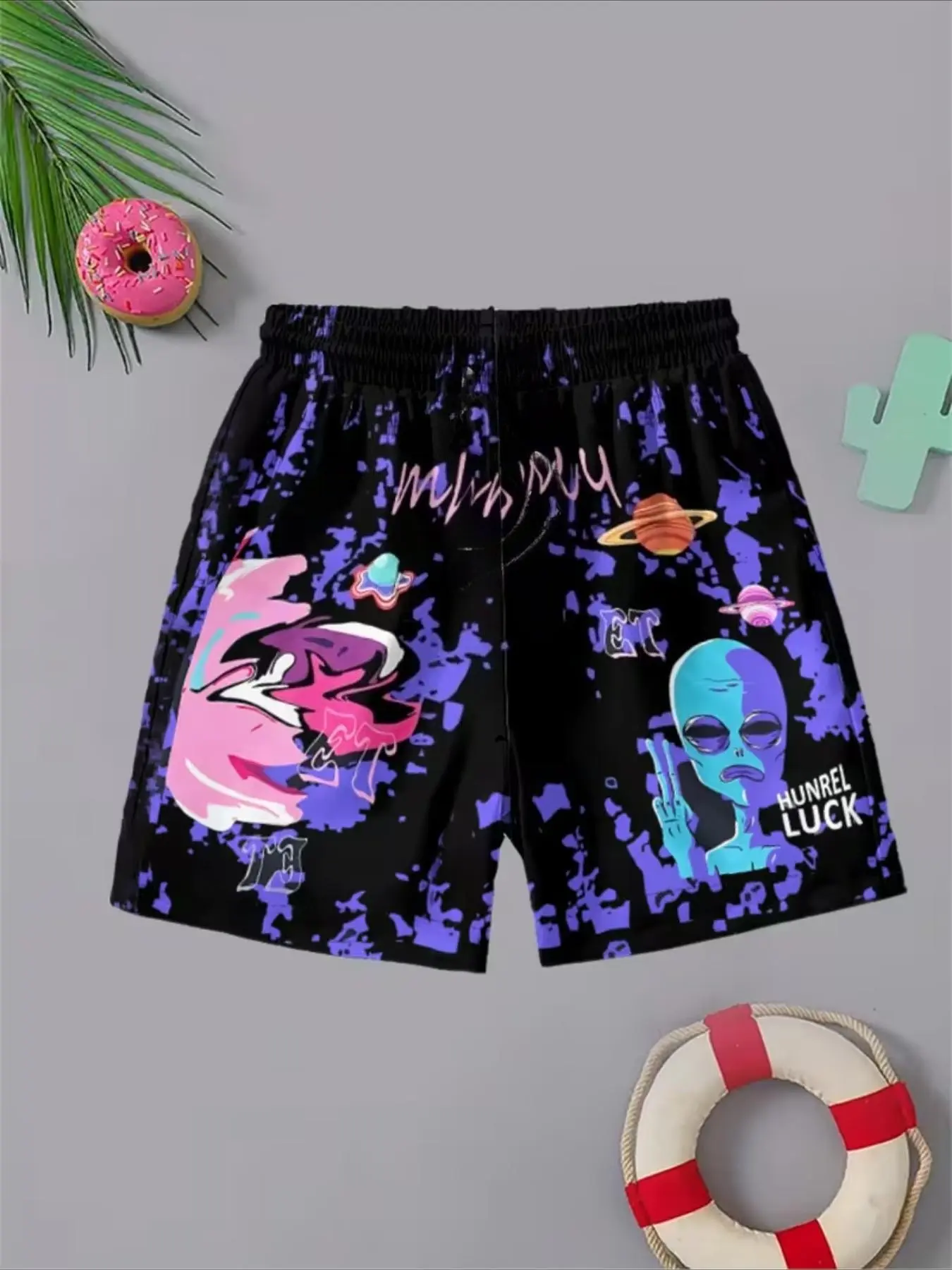 Boys' Trendy Funny Ghost Face Print Youth Swim Trunks, Lightweight Quick-Dry Beach Shorts, Perfect for Pool and Outdoor Activities, Swim Wear