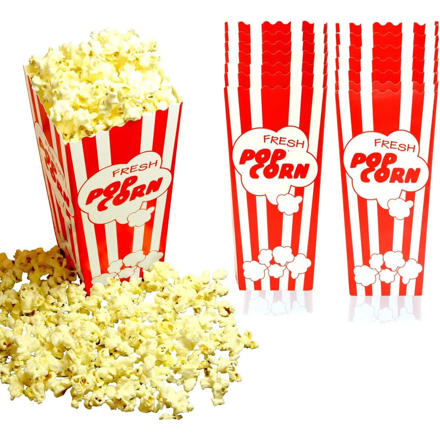 Disposable Thick 15-Piece Movie Night Popcorn Paper Box Set, 7.75" Tall 46 Oz Large Snack Storage, Retro Red-White Carnival Stripe Design for Party Use (Various Quantities Available), Stripes