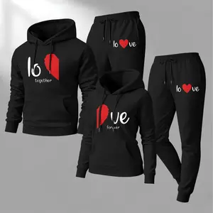 Couple's LOVE Print Hooded Sweatshirt and Drawstring Sweatpants Set, Casual Sportswear, Long-Sleeve Hooded Jacket and Pants, Suitable for Autumn and Winter, Everyday Wear, Tracksuit, Casual Athletic Wear