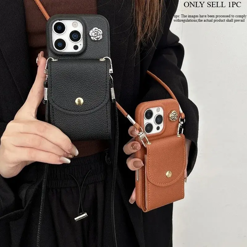 Crossbody Strap Lanyard Leather Phone Case for IPhone 17 Pro Max 16 15 14 13 12 11 XS 14Plus 16Pro 11 Pro Max Wallet with Card Holder Cover