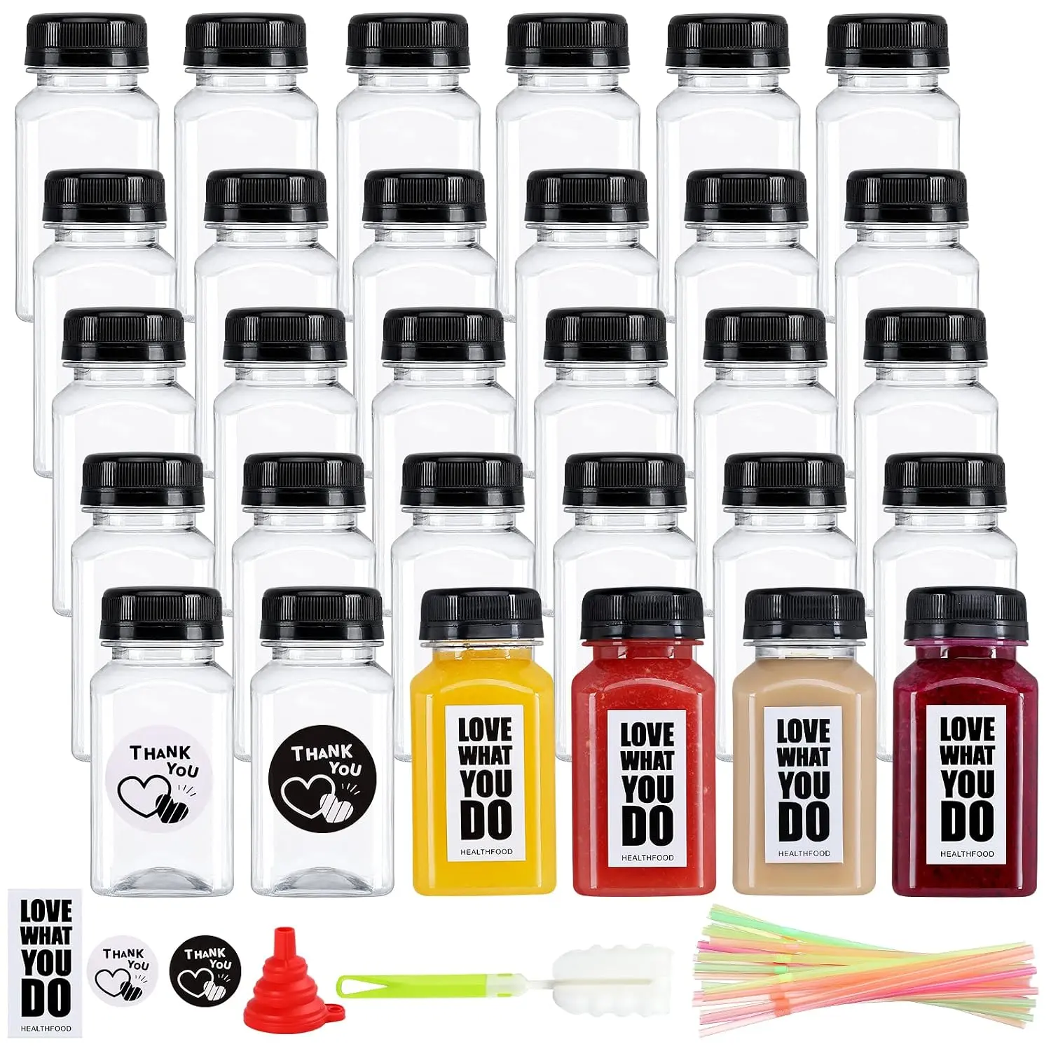30 Pack 5oz Reusable Empty Plastic Juice Bottles with Leak-Proof Caps Lids, Clear Water Bottle, Recyclable Drink Bulk Containers for Juicing, Smoothie, Milk and Other Homemade Beverages