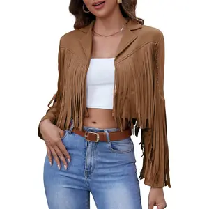 Womens Casual Faux Leather Jacket Fringe Tops Tassel Suede Cropped Coats