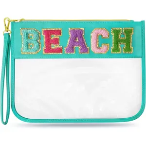 Chenille Letter Clear Travel Zipper Pouch Nylon Makeup Bag, Preppy Makeup Bag Clear Cosmetic Toiletry Bag, Water-proof Makeup Travel Pouch Snack Bags for Women (Mint Green-Beach)(Gift)