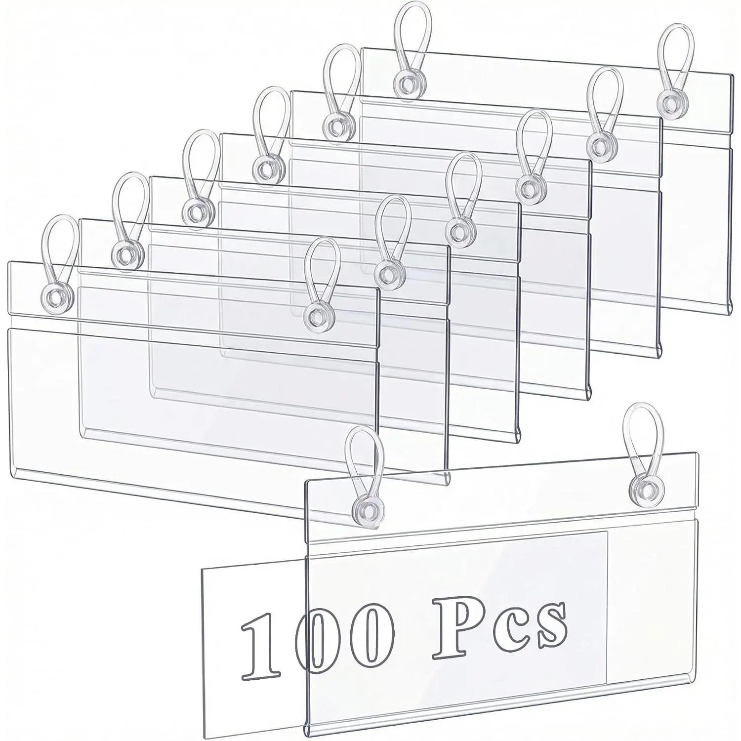100 Pack Plastic Wire Shelf Label Holders, 4" x 2.3" Clear Price Tag Holder Sign & Ticket Holder with Double Snap Lock Closure, Reusable Basket Label Holders for Market, Retail Shop, Pantry