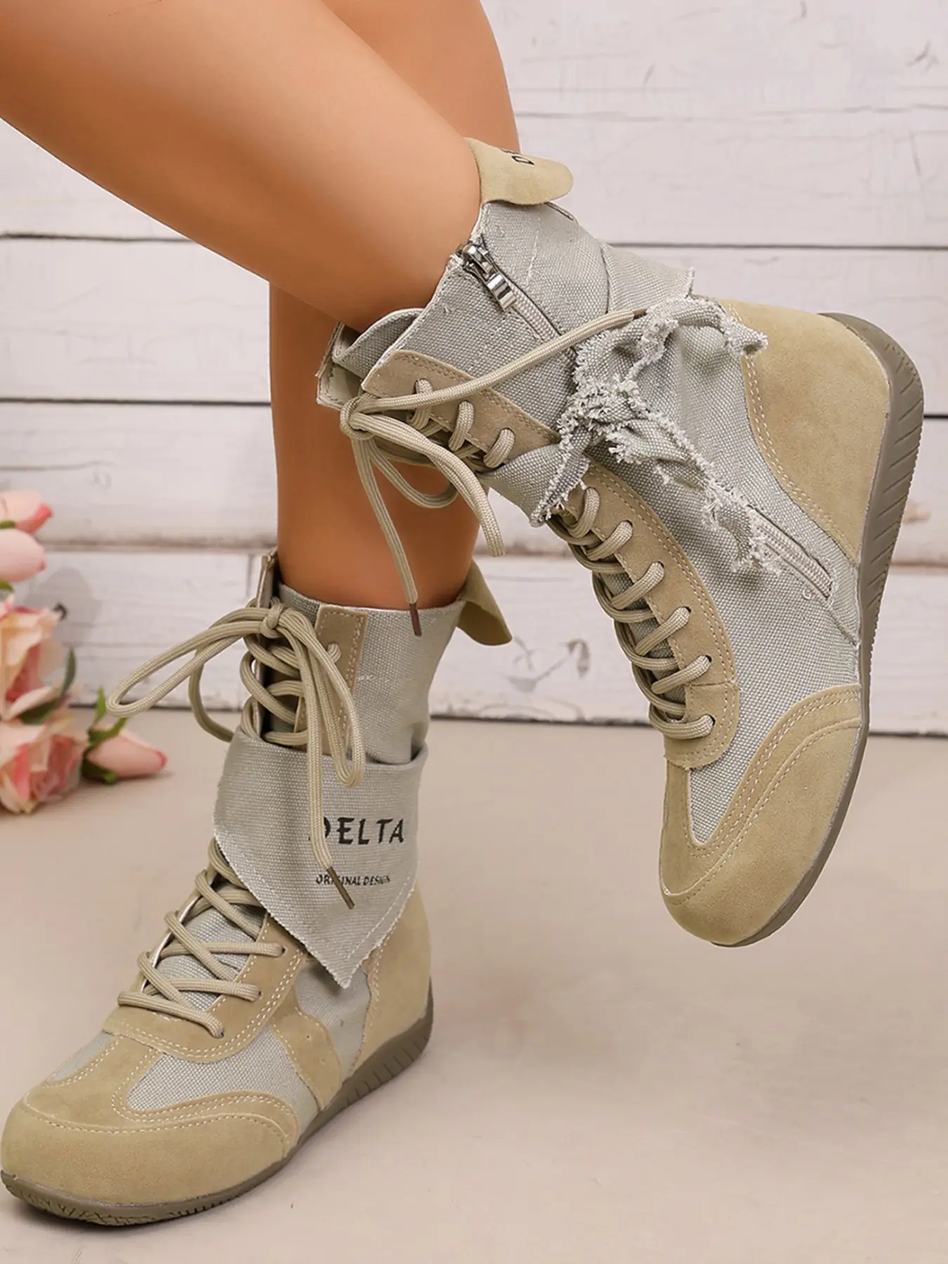 2026 Summer New Canvas Patchwork High-Top Boots for Women, Vintage Distressed Lace-Up Boots, Versatile Casual Workwear Boots