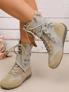 2026 Summer New Canvas Patchwork High-Top Boots for Women, Vintage Distressed Lace-Up Boots, Versatile Casual Workwear Boots