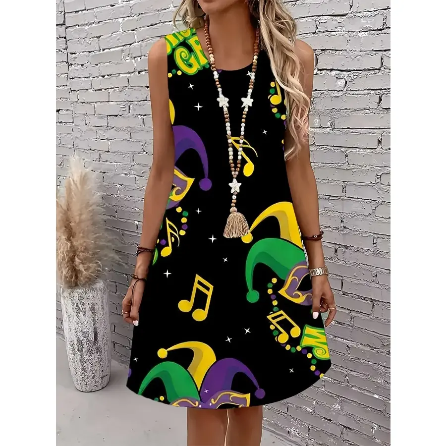 Bohemian digital print - women carnival clown hat with music note print sleeveless dress, carnival essential, comfortable