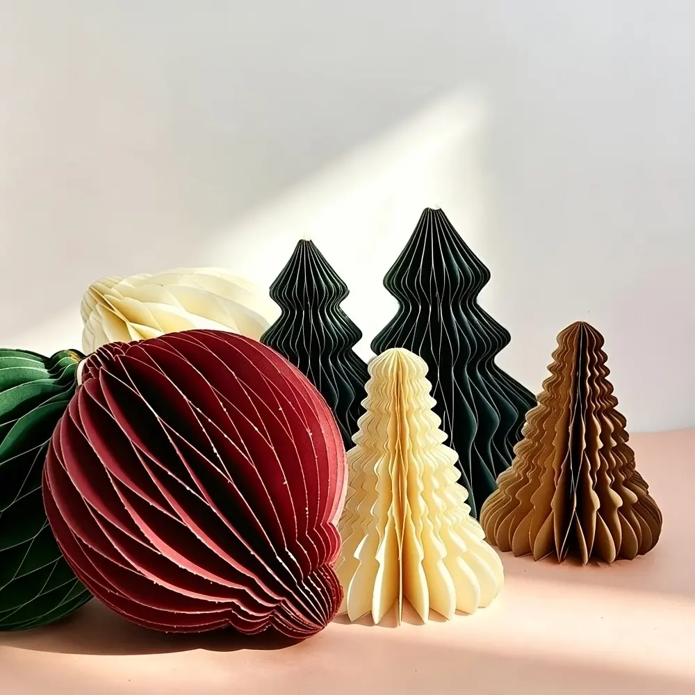 7 Piece Glitter Edge Paper Honeycomb Decorations, 3D Pop-Up Christmas Tree and Ball Ornaments, Holiday Home Decor for Christmas, New Year