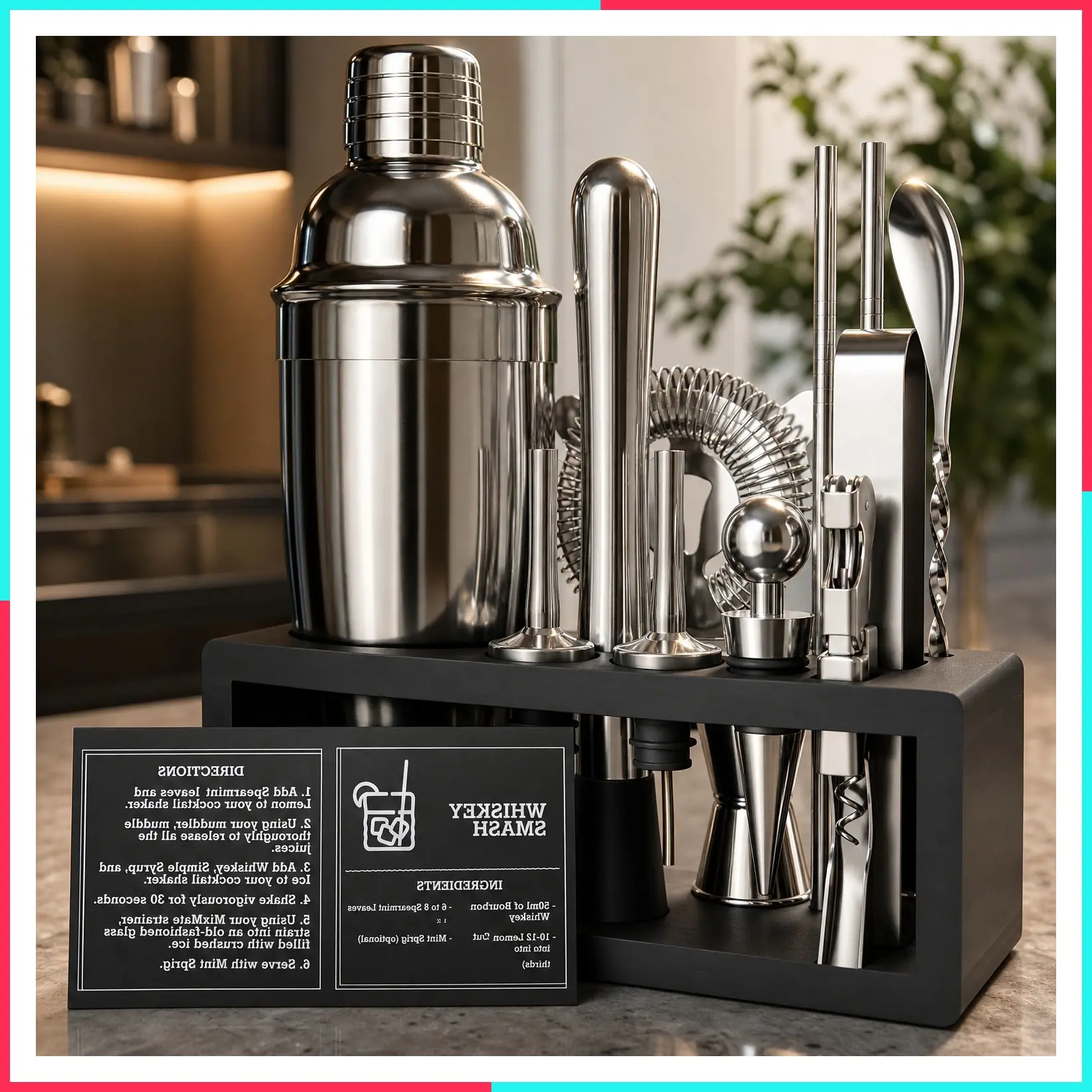 Mixology Bartender Kit with Stand - 15 Piece Bar Tool Set, Silver Cocktail Shaker Set for Drink Mixing - Includes Martini Shaker, Jigger, Strainer, Bar Mixer Spoon, Tongs, Opener | Gift Idea