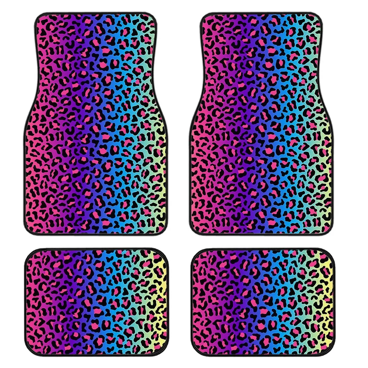 4-Piece Neon Rainbow Leopard Print Automotive Floor Mats Set, Y2K Style, Universal Fit, Easy Clean, Protects Car Interior, Comfortable & Stylish, Girly Car Accessories