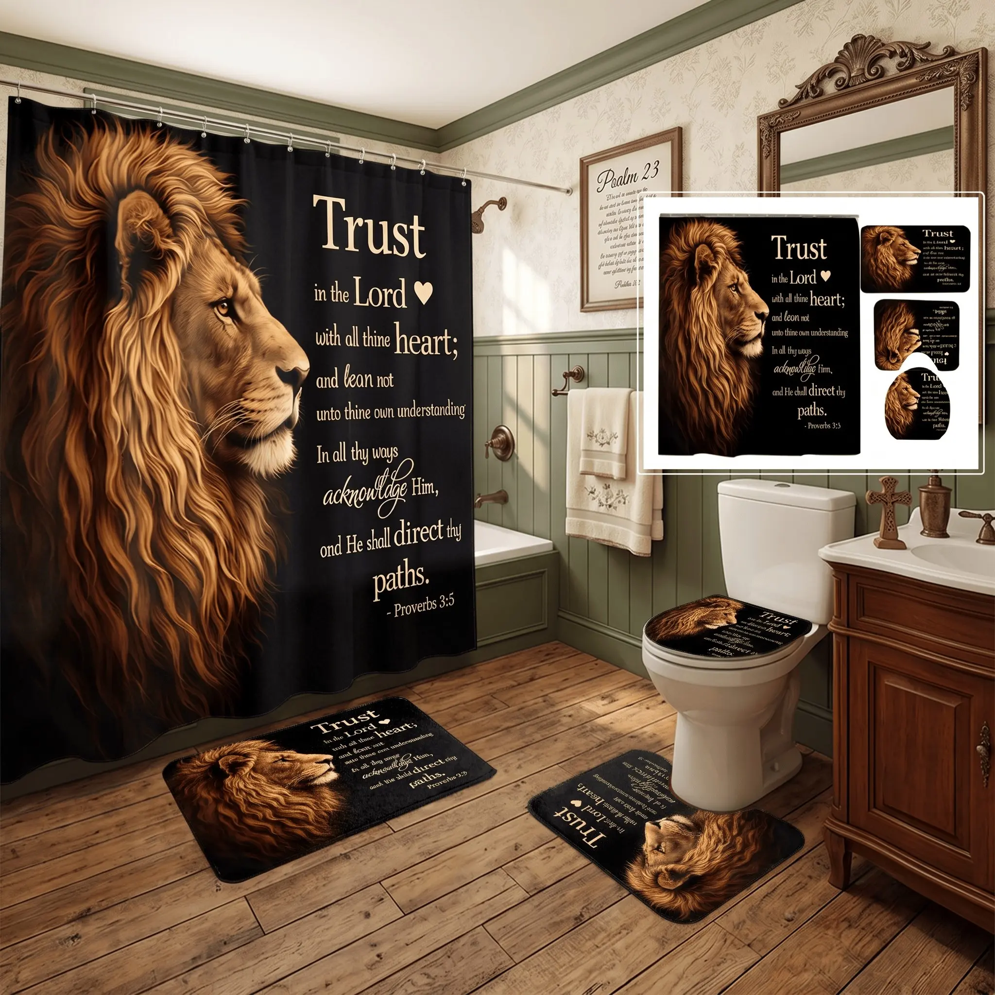 4pcs Christian Lion Proverbs 3:5 Bible Verse Bathroom Decor Set, Shower Curtain Sets, Bath Mat, Contour Rug, The floor mat fabric is thicker and softer! Toilet Lid Cover, Housewarming Gift