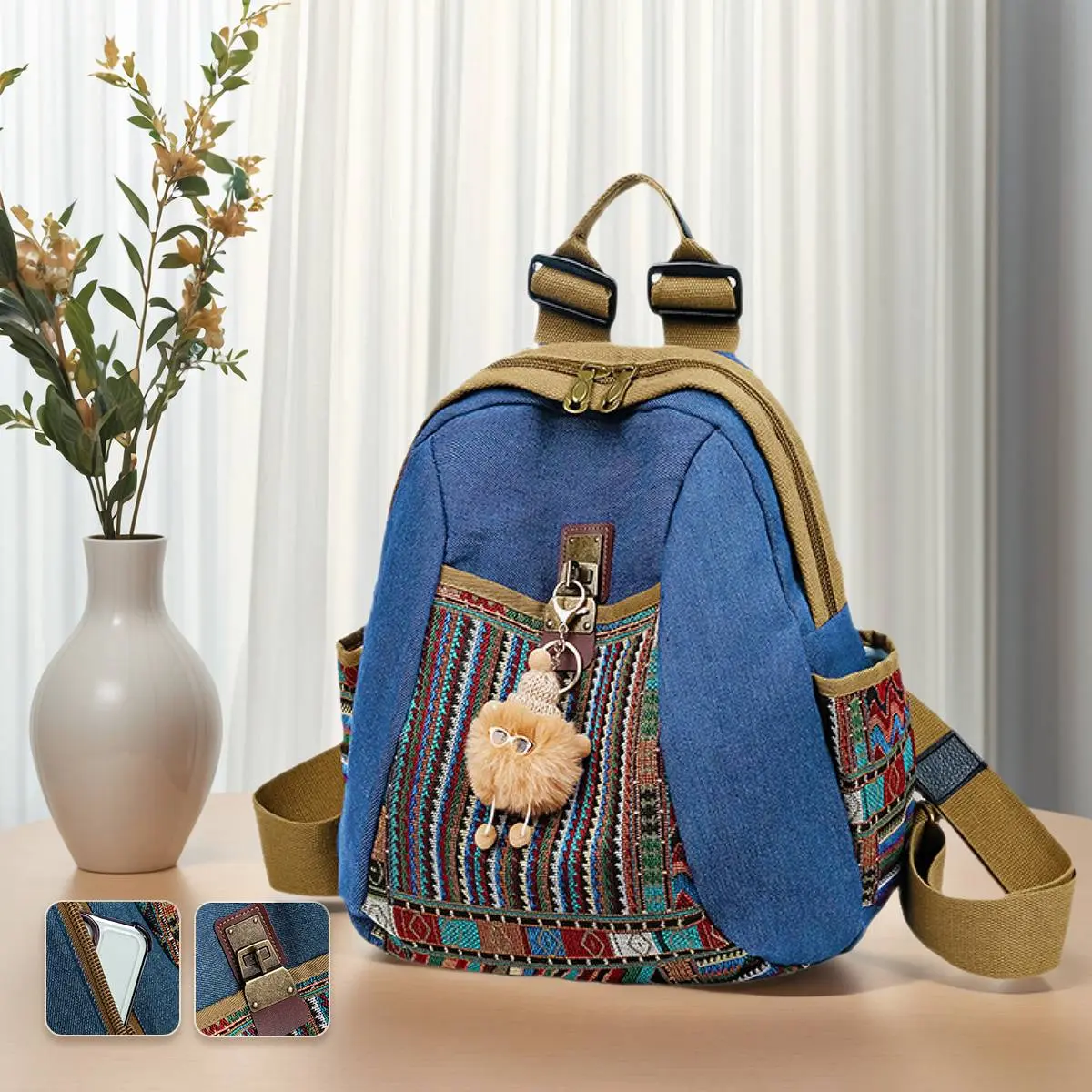 Women's National-Style Denim Backpack with Top Handle, Adjustable Strap, Side Pockets, Double Zip, Oxford Fabric & Splicing Design, Street-Ready Functional Bag for Shopping & Travel