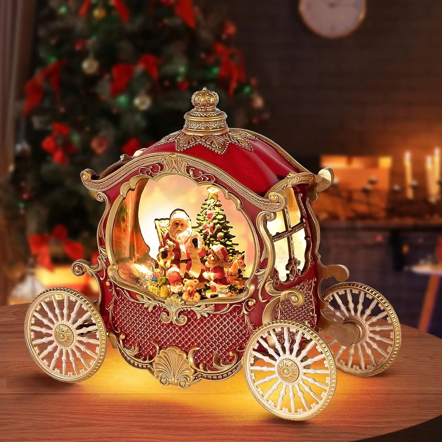 Christmas Snow Globes, Christmas Carriage Snow Globe with 8 Music & Timer, Battery Or USB Powered Glittering for Christmas Table Centerpiece Decoration Santa Christmas Tree