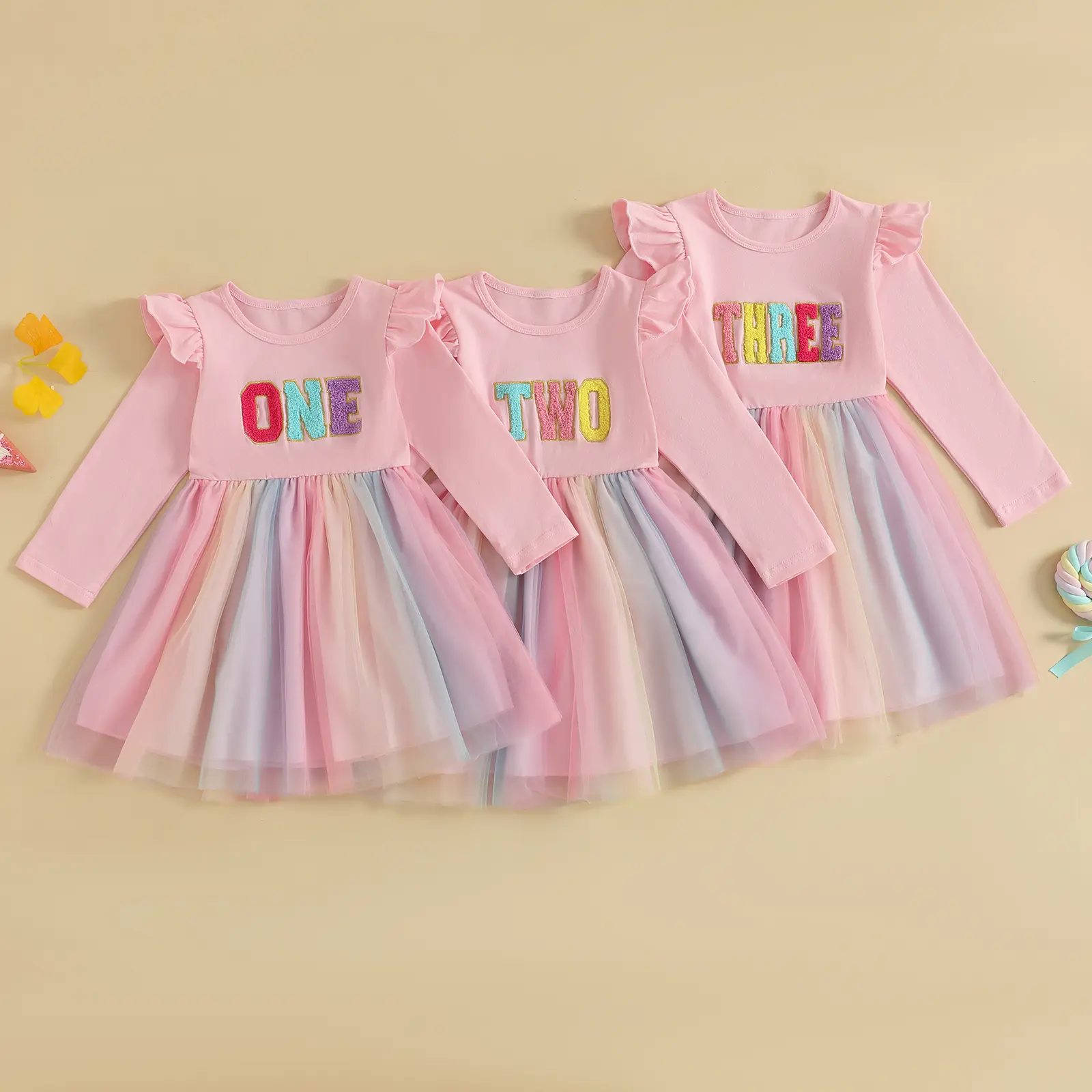 FOCUSNORM Toddler Girl Birthday Dress 1st/2nd/3rd Letter Embroidery Long Sleeve Princess Dress Tiered Layered Puffy A-Line Tulle Patchwork Tutu Skirt for Kids Girls Birthday Outfits
