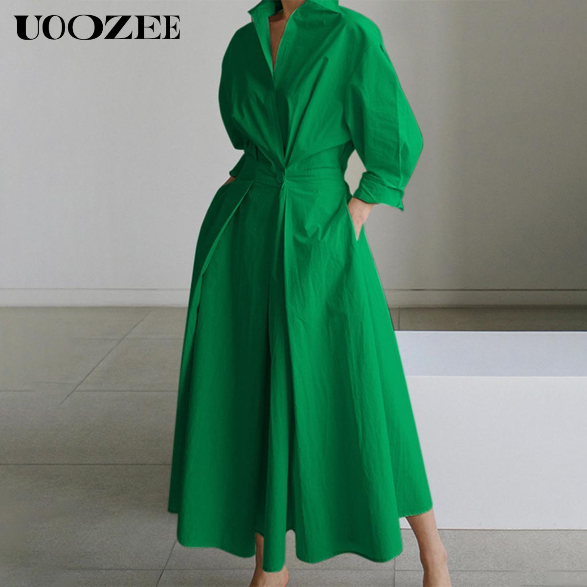 Women's loose solid color lapel mid-length dress, waist design, comfortable and elegant, a must-have for commuting and formal occasions Shirt Dress