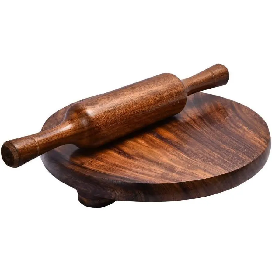 Wooden Chakla Belan Set, 11 Inch Sheesham Wood Rolling Board with 14 Inch Rolling Pin, Round Roti & Chapati Making Board, Dough Rolling Board for Tortillas, Puri, Paratha & Flatbread