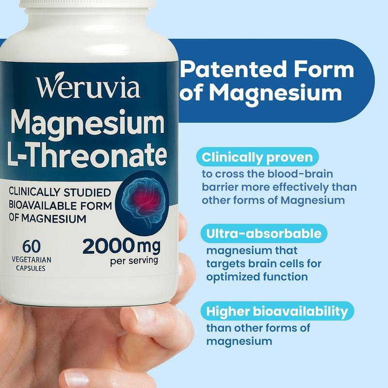Magnesium L-Threonate, Magtein, Brain Supplement for Memory, Focus, Sleep & Cognitive Support, Highly Absorbed Magnesium L-Threonate, Non-GMO, Non-Laxative - 2000 mg, 60 Veggie Capsules