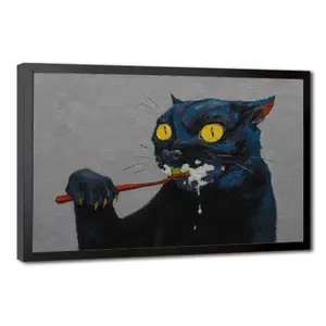 Quirky Black Cat Toothbrush Canvas Print, Impasto Oil Painting Style Artistic Artwork, Funny Room Decoration Home Decor Gift