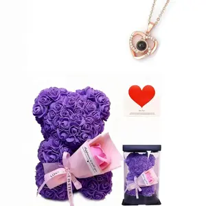 Rose Bear with Flower Artificial Rose, Valentine's Day Birthday Gift, Mother's Day Gift, 25cm Foam Flower Bear, Pe Rose Bear PVC Box