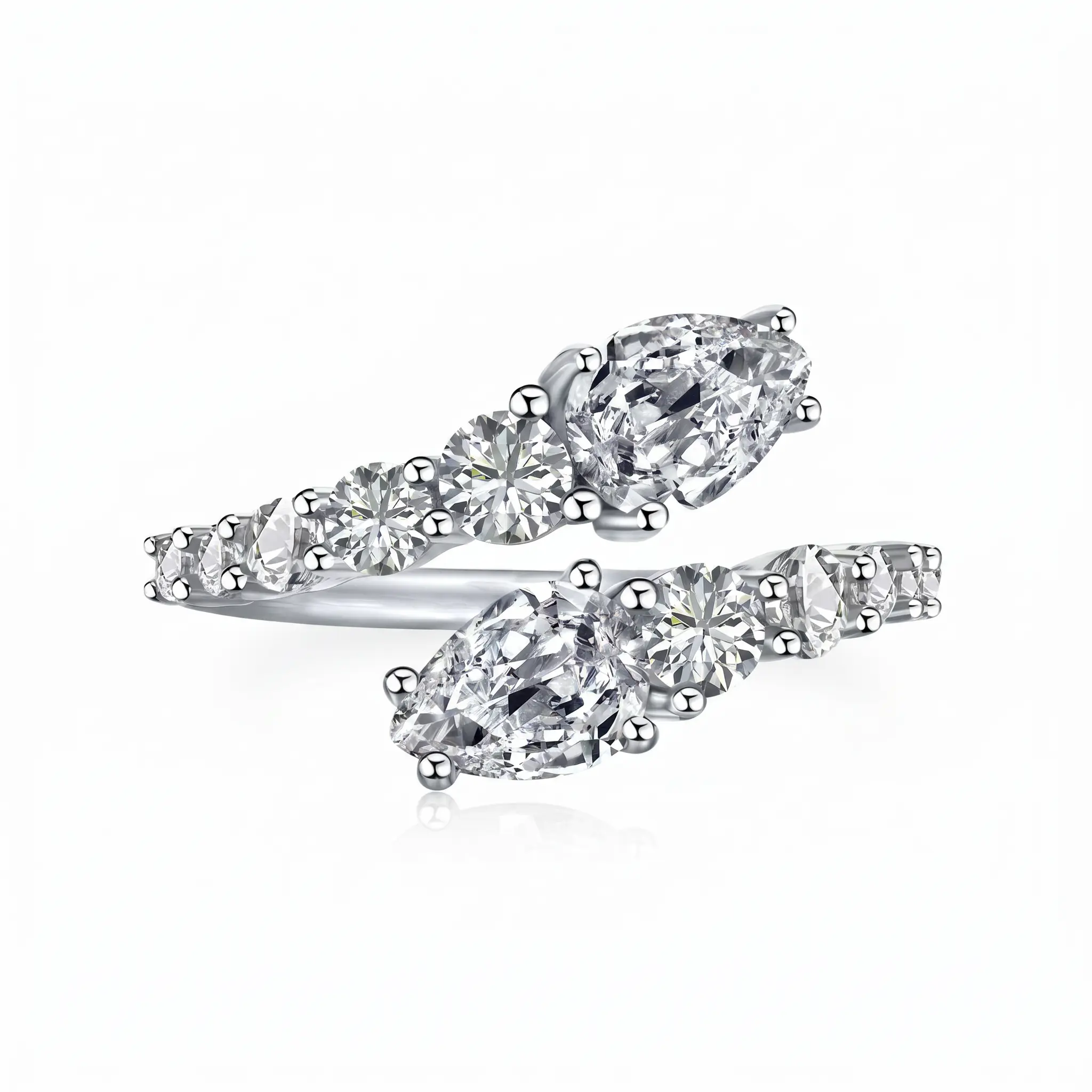 ZIIYONG Women’s925 Sterling Silver Bypass Ring, Double Pear and Round Cut Moissanite Open Ring