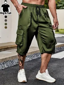 Plus Size Men's Summer Tropical Cargo Capri Pants, Multi-Pocket Design, Street Style, Ideal for Outdoor Activities, Beach, Camping, Vacation, Fishing
