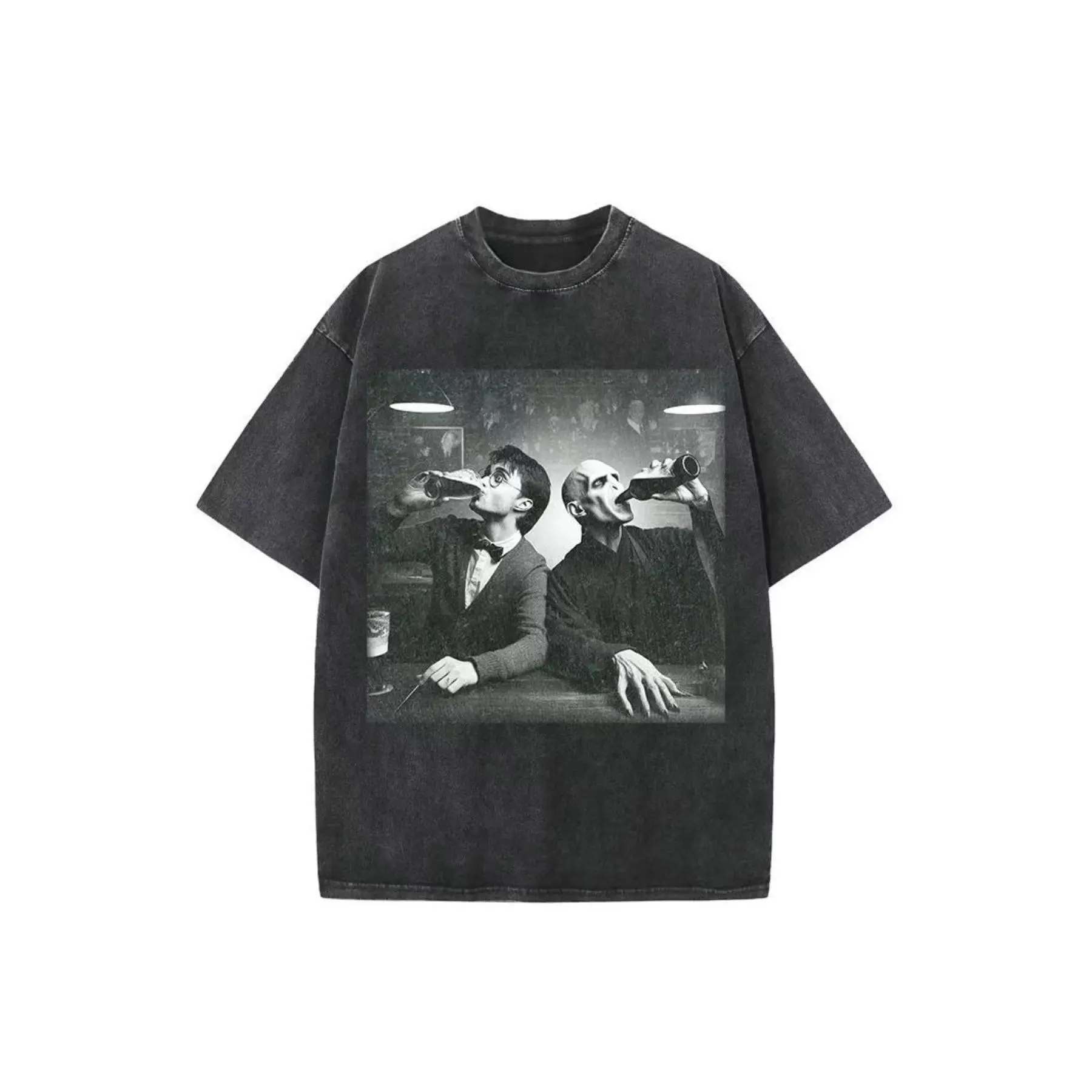 Vintage Washed Short Sleeve Crew Neck Tee for Men, Harry Potter Voldemort Drinking Together Funny Meme Black White Movie Graphic Slight Stretch Casual Streetwear Wizard Tops for Spring Summer Fall Daily Outfit