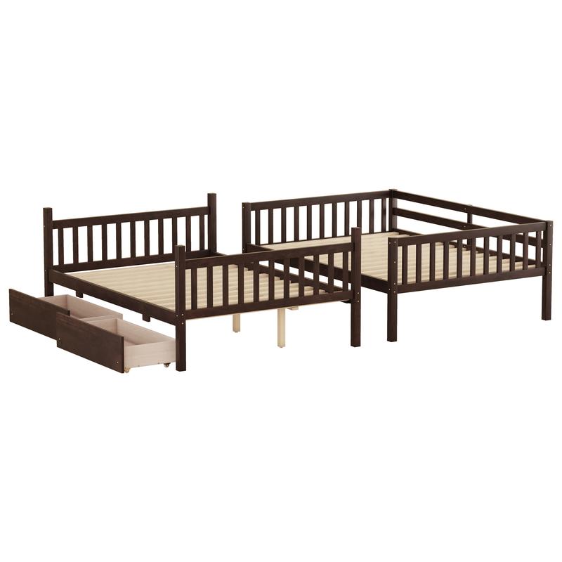 full Over full Rubber Wood Bunk Bed with 2 Drawers, Convertible into 2 full Beds, full Size Bunk Bed with Ladder and Safety Guardrails ,Espresso
