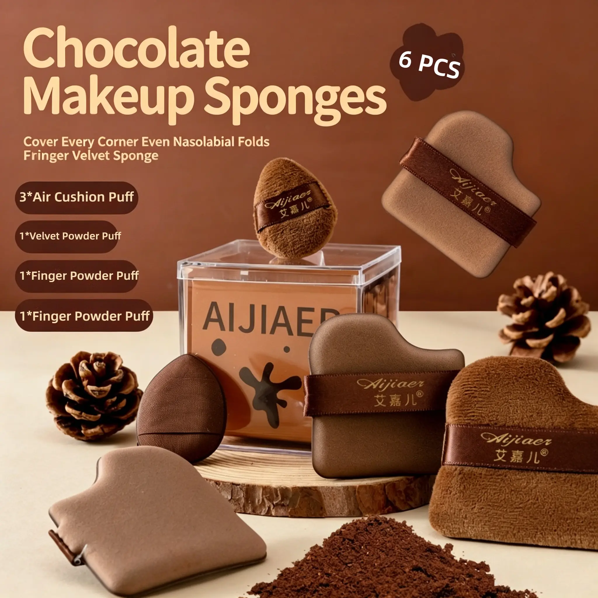 6-Piece Chocolate-Colored Makeup Puff Set, Soft Velvet & Cushion Foundation Puffs, Multiple Shapes, Usable for Both Wet and Dry Applications