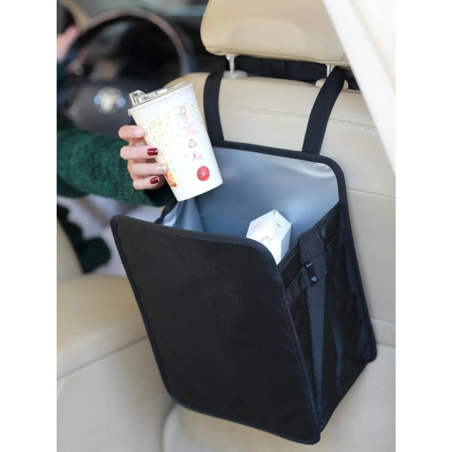 3 Gallon Car Trash Can, Hanging Car Garbage Bag with Waterproof PEVA Liner, Large Capacity Leakproof Foldable Organizer for Vehicle Interior, Cars SUVs Trucks RVs