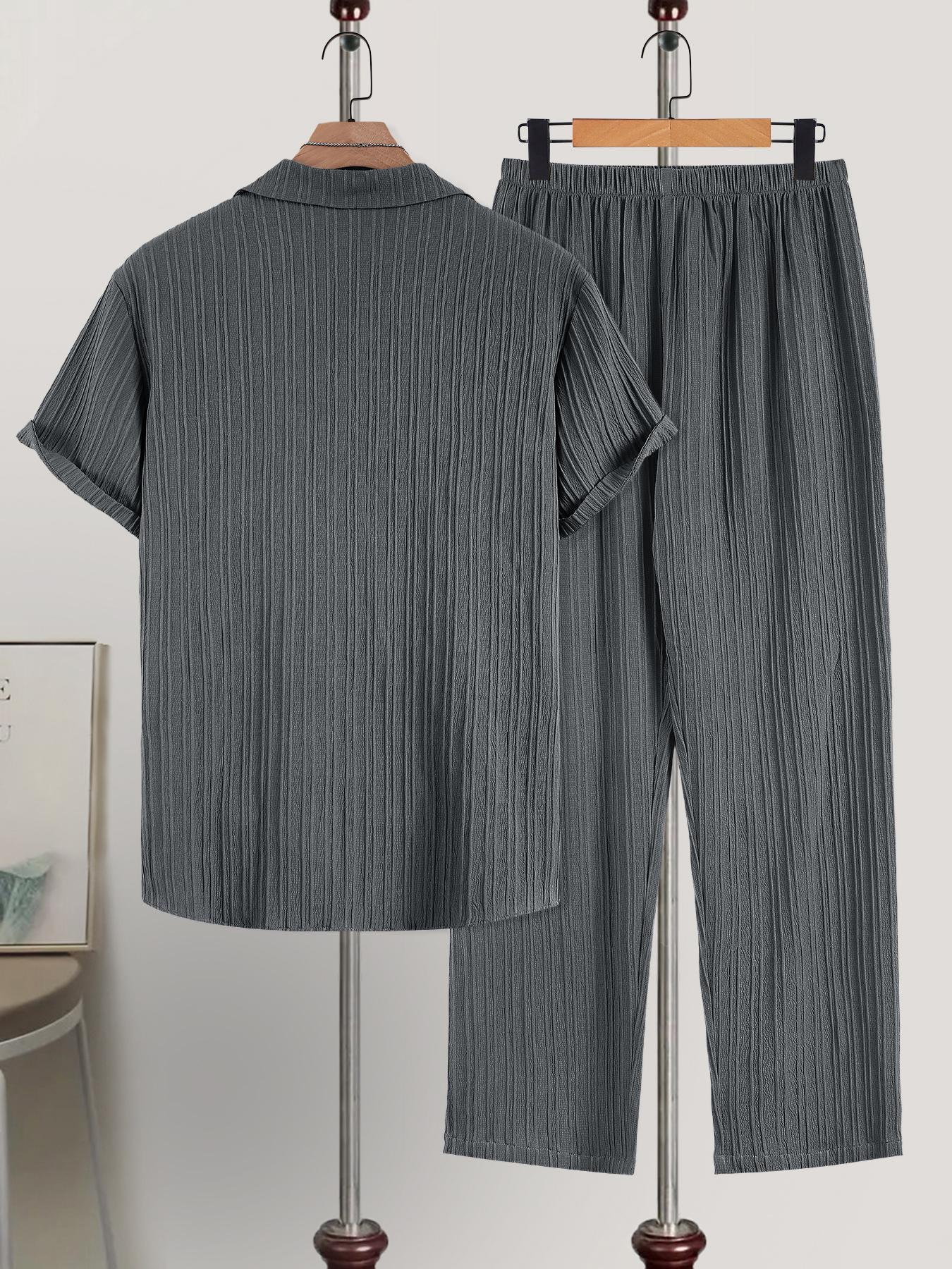 Men's Plain Textured Loungewear Set, National Day Offers, Casual Button Front Shirt & Elastic Waist Pants without Tee & Necklace, Men's Sleepwear for All Seasons