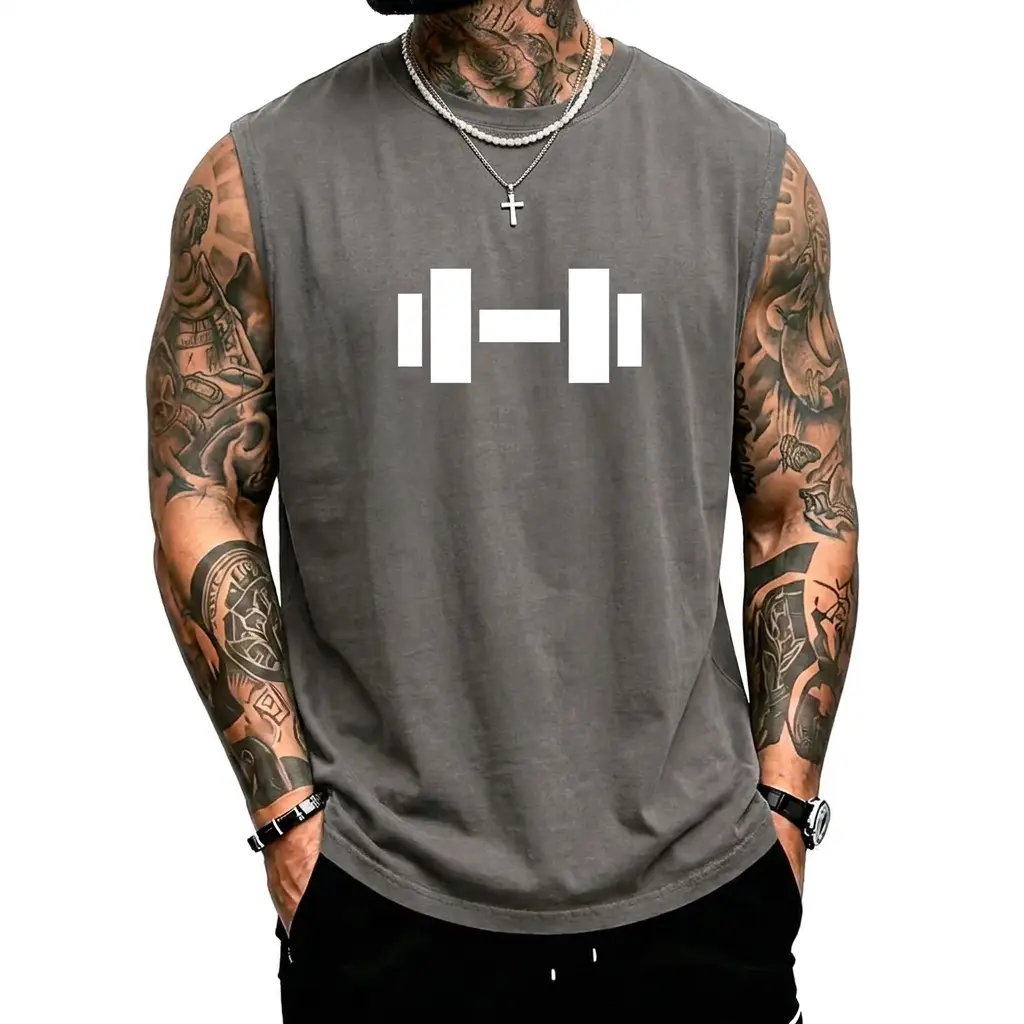 Minimalist Dumbbell Graphic Shirt Acid Mineral Wash Sleeveless Muscle Tank Top Heavyweight Cotton Gym Workout Fitness Bodybuilding Oversized Streetwear Apparel Men