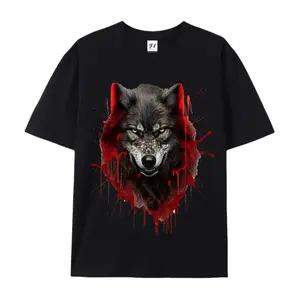 Men's Rebellious Wolf Graphic T-Shirt - 230G Heavyweight Cotton Boxy Fit, Edgy Splattered Blood & Wild Wolf Art, Short-Sleeve Streetwear Punk Aesthetics Top for Urban Youth, Premium Fabric