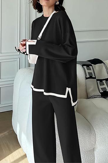 Women’s 2 Piece Sweater Sets Long Sleeve Knit Pullover and Wide Leg Pants Tracksuit for Stylish Lounge WearGift