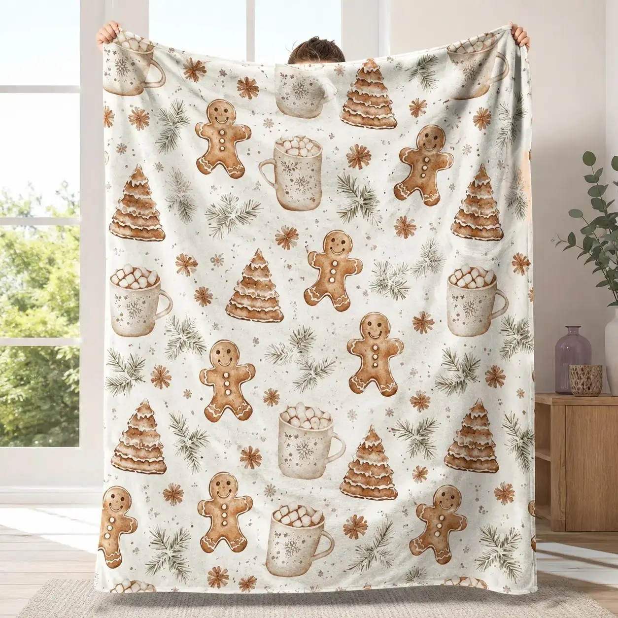 Contemporary 1-Piece Gingerbread Man Printed Flannel Blanket Throw - Cozy Gentle Soft Boho Home Decor for Christmas, Indoor Use, Ideal Family Gift, Machine Washable, One-Piece