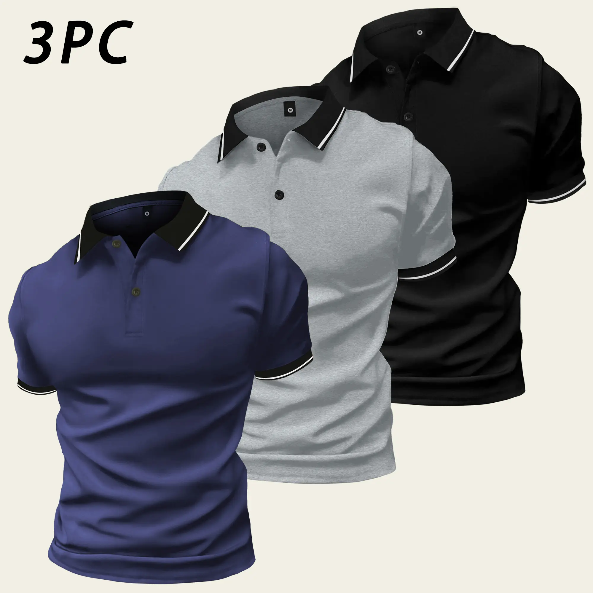 3-Pack Men's Polo Shirts, Short Sleeve Casual Collared Tops with Contrast Stripe Collar and Cuffs, Assorted Colors, Business Casual Golf Shirts for Work, Travel, Daily Wear and Gifts for Men