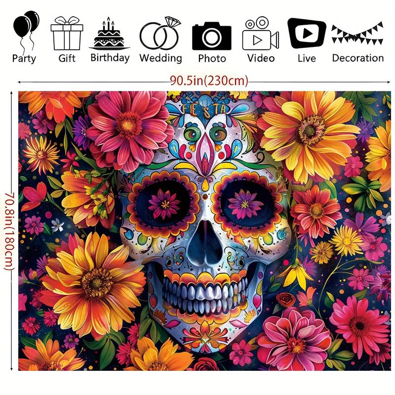 1pc Large Sugar Skull Floral Party Banner - Vibrant Mexican Day of the Dead Decoration with Floral Patterns, Extra Long Backdrop for Halloween, Dia de los Muertos, Wedding, Birthday, Home Decor - Easy Hang No Electricity Needed - Durable Polyester Fabric,