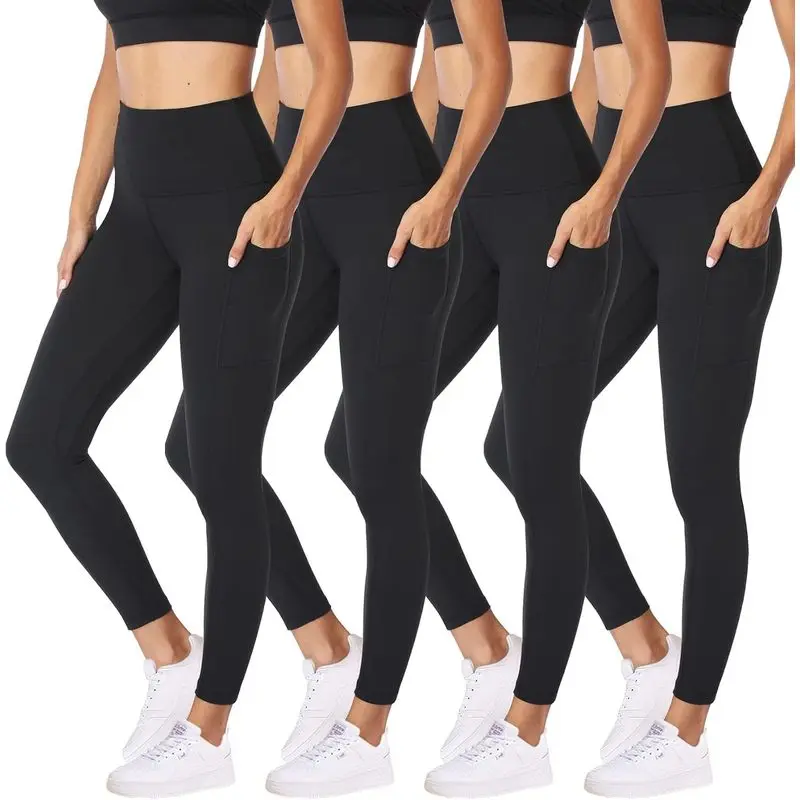 4 Pack Women’s Capri Leggings with Pockets, High-Waisted Tummy Control Soft Black Yoga Pants for Workout, Gym, Running, Travel & Everyday Summer Activewear