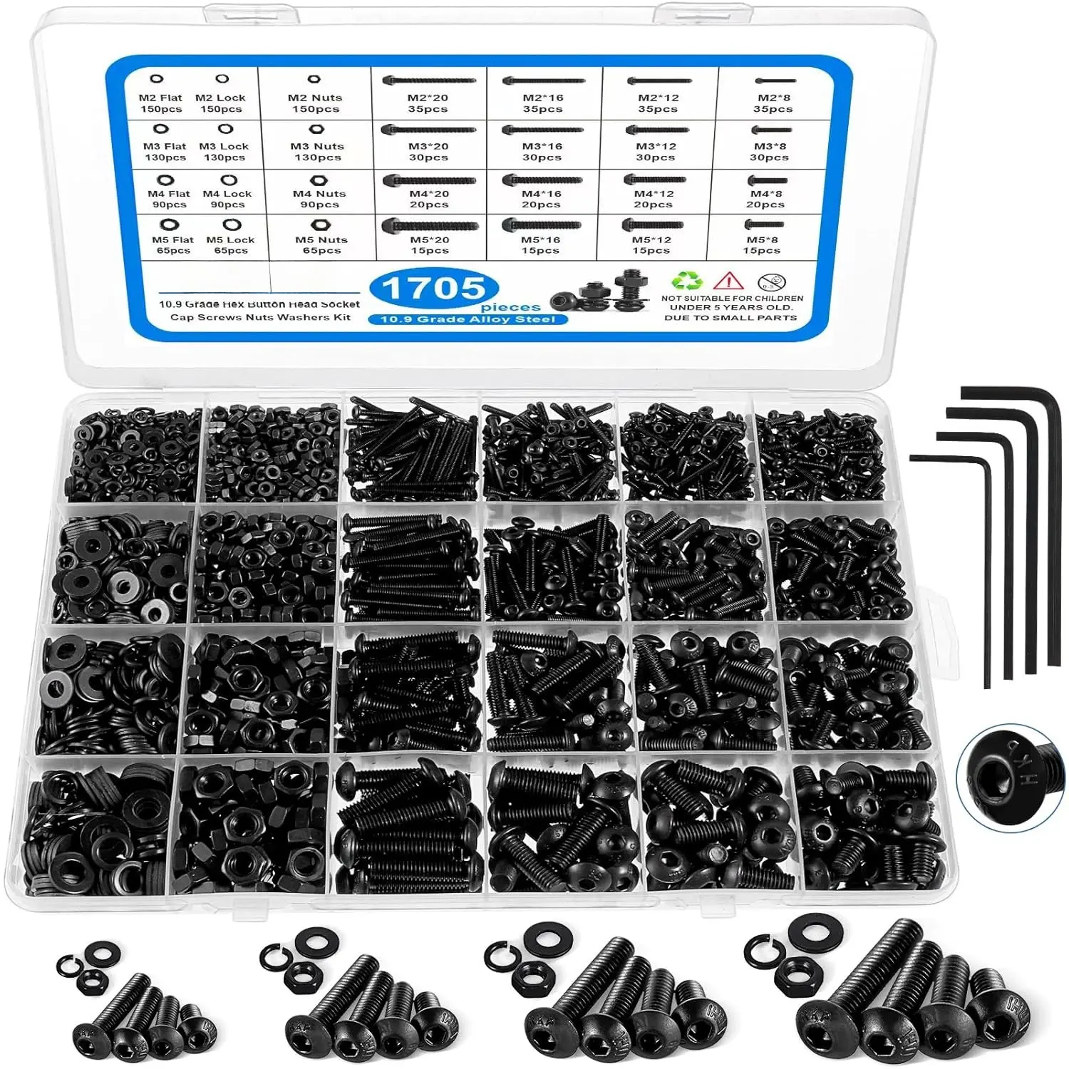 1705 count Machine Screw  Kit, M2 M3 M4 M5 Metric  and Nuts Kit with Lock and Flat Washers, Hex Button  10.9 Alloy Steel Cap Screw Set with Allen Wrench