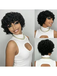100% Human Hair Curly Wave Wig for Black Women Glueless Pixie Cut Wig Natural Looking Short Curly Hair for Everyday Wear