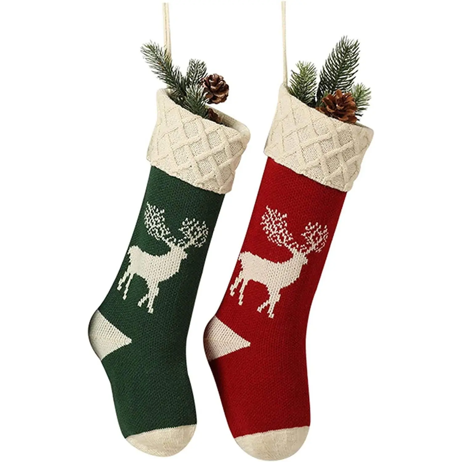 Big Size 2Pack 18-Inch Extra Long Hand-Knitted Red/Green Reindeer Snowflakes Christmas Stockings for Family Holiday Season Decor