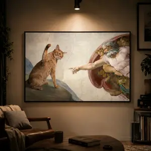 Funny Cat God Creation of Adam Meme Canvas Wall Art Poster, Michelangelo Inspired Jesus Art Print, High Quality Creative Design Artwork, Waterproof Canvas Decor for Bedroom Living Room Office Dorm, Gift for Cat Lovers, Funny Wall Decoration