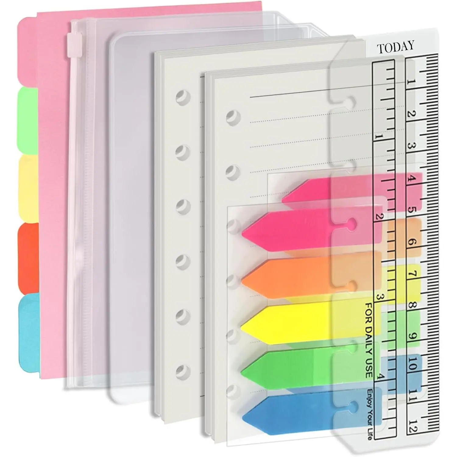 A7 6-Hole Binder Refill Value Set, 90-Sheet Rulled Line Loose Leaf Paper with Stickers and Dividers, Planner Inserts with Binder Pockets