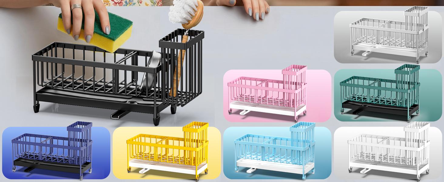 Sponge Holder for Kitchen Sink, Sink Caddy Organizer with High Brush Holder, Kitchen Countertop Organizers and Storage Essentials, Rustproof 304 Stainless Steel (Black, 9.25″)