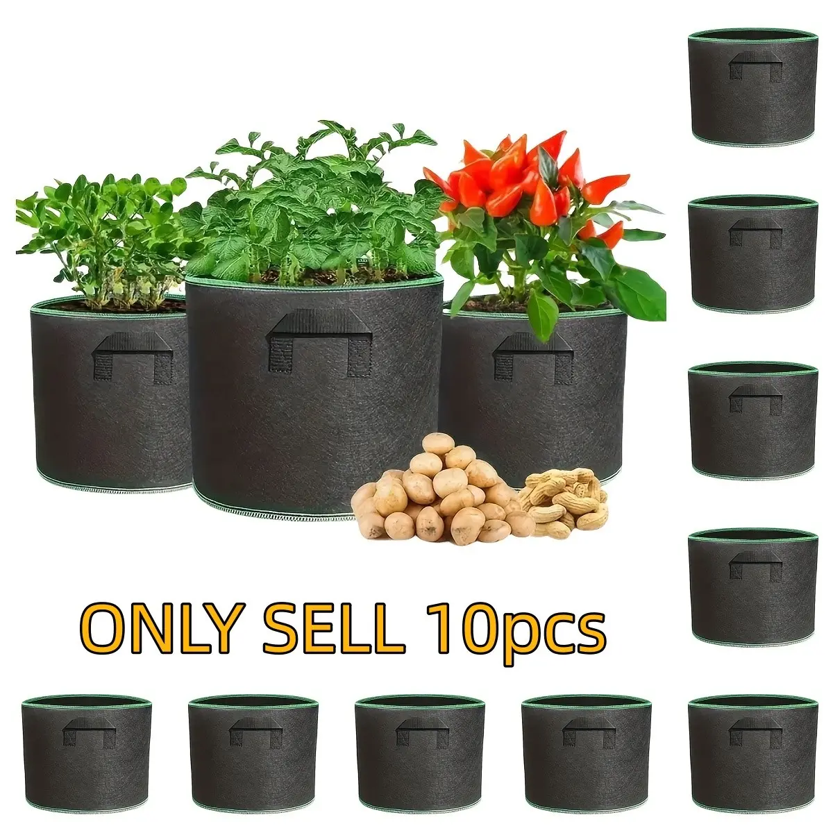 10 Pack Planting Bags, Durable Non-Woven Fabric, Foldable Gallon Pots, Ideal for Flowers, Tomatoes, Peas, Garden Leaf Collection