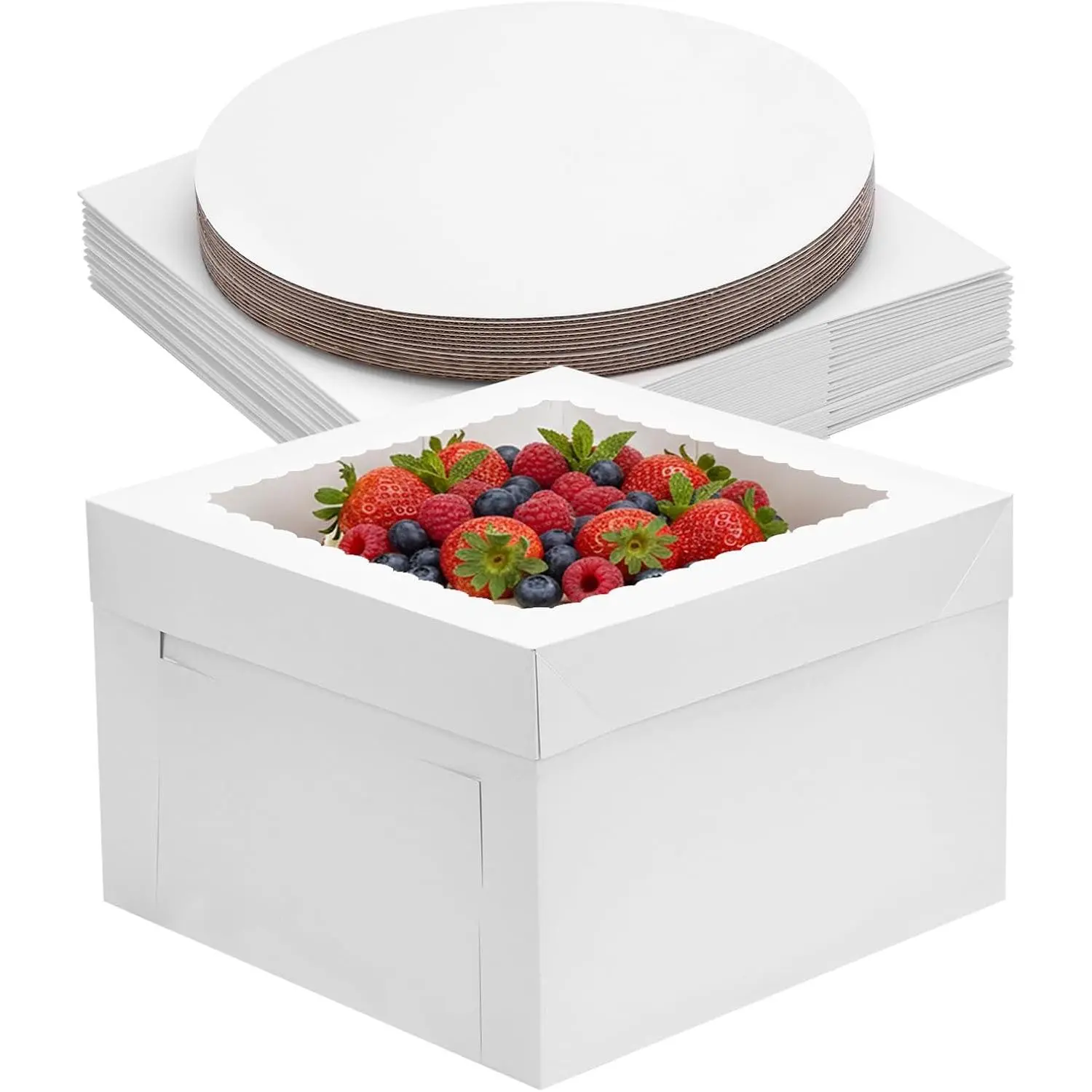 30 Pack Cake Boxes with Boards 12"x12"x8" (15 Boxes & 15 Boards) | Cost-effective Cake Boxes with Boards, Made of Thick Cardboard, Easy to Assemble and Carry, Pre-folded Cardboard