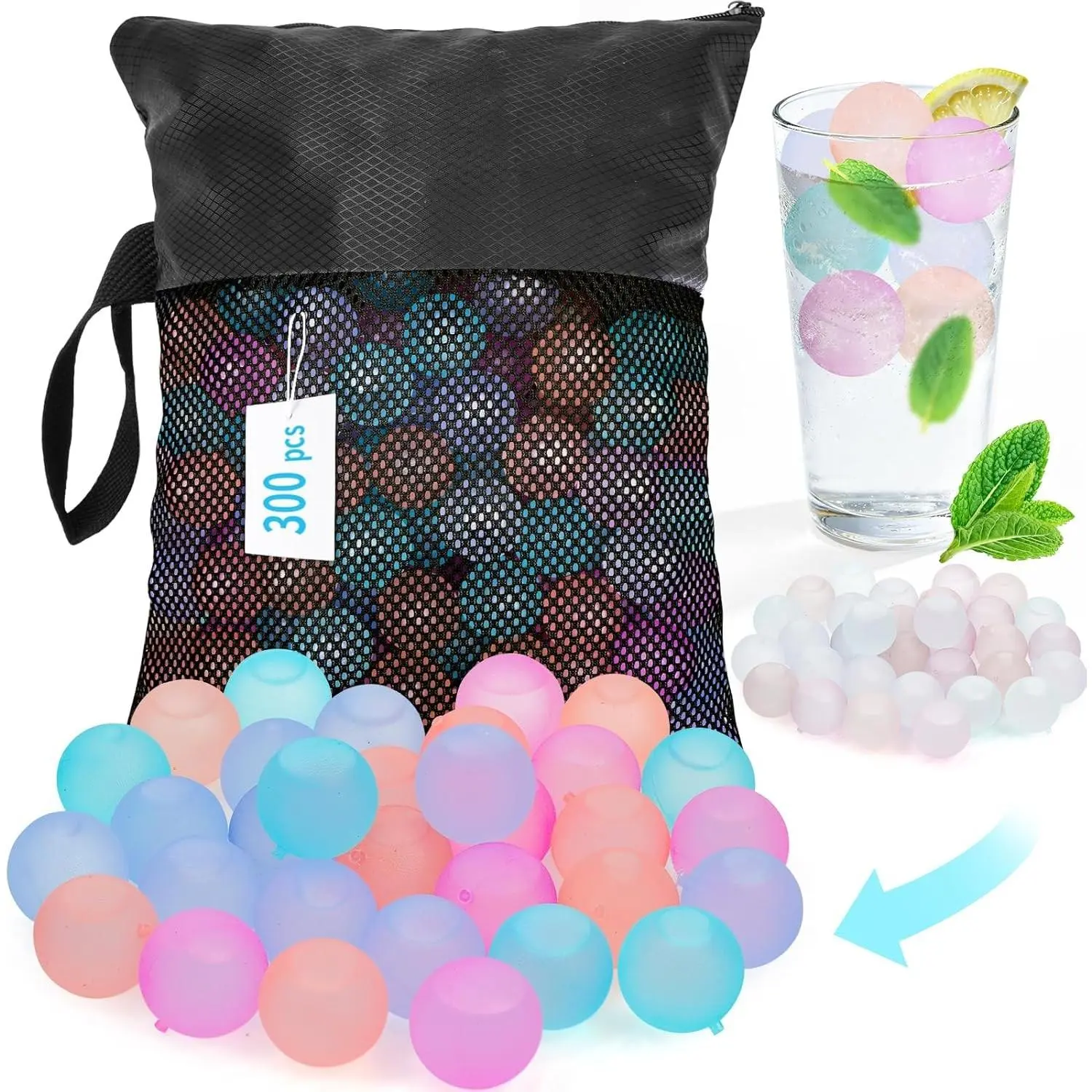 Reusable Ice Cubes for Coolers, Zero Refreezable Ice Cubes Set with Storage Bag, Non-Melting BPA-Free Plastic Ice Cubes for Drinks, Camping, Beach (Color-Changing, Round-300 Pack)